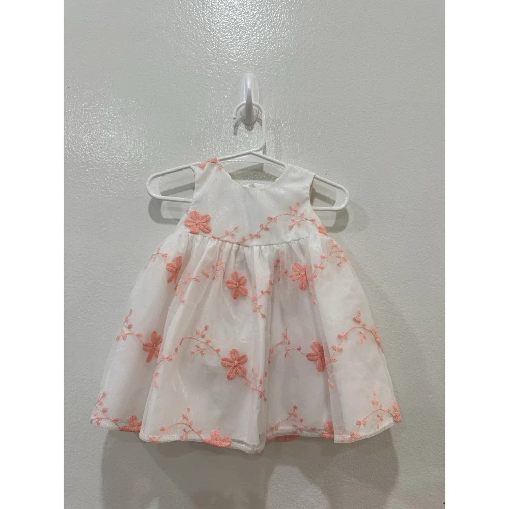 Baby Girls White Coral Pink Floral Embroidered Party And Special Occasion Dress